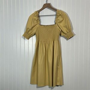 7 For All Mankind Faux Leather Puff Sleeve Dress S Yellow Smocked Bodice NWT